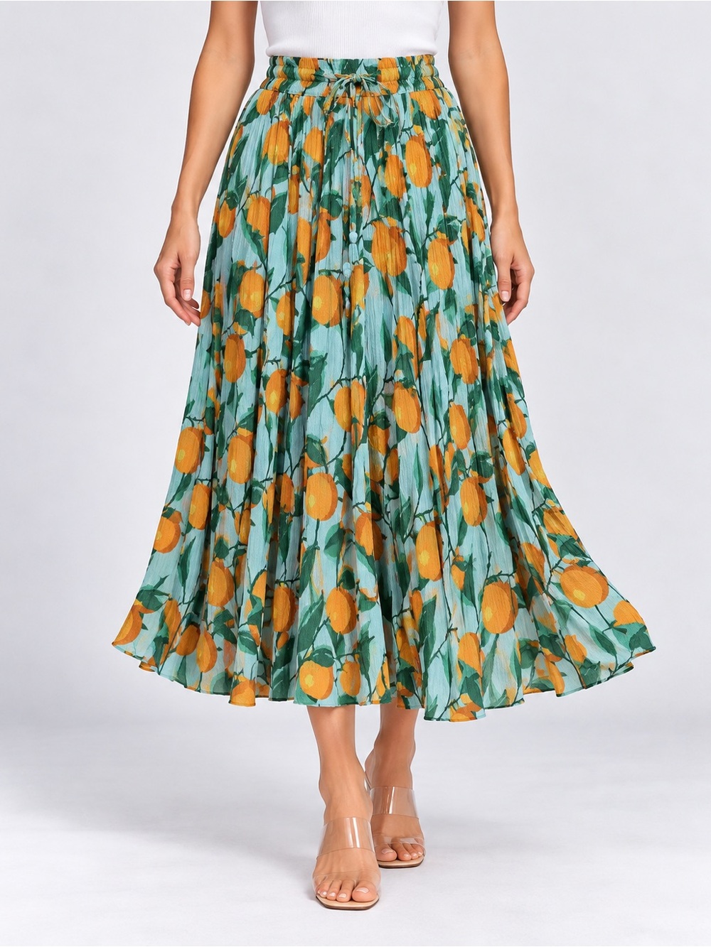 GypsieBlu Medium Orange Fruit Print Maxi Skirt 100% Rayon Boho Resort